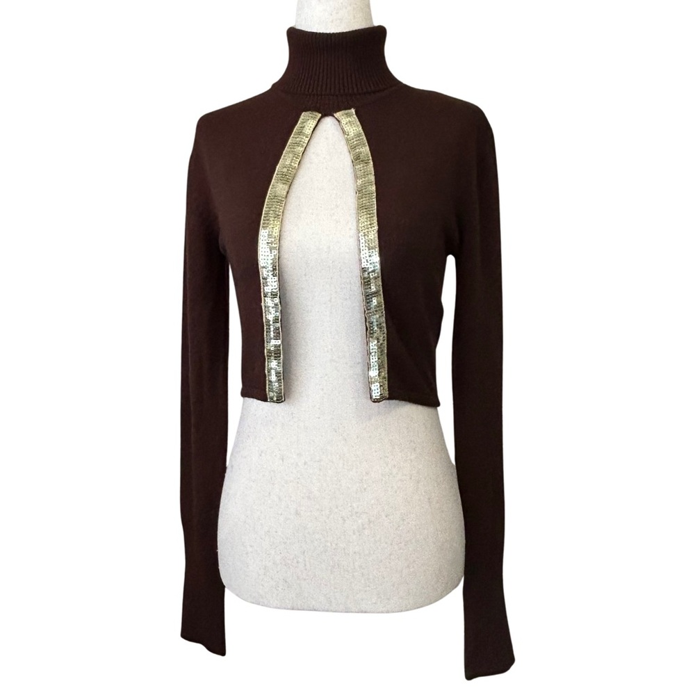 XOXO Open Front Turtleneck Cropped Sequin Bolero Sweater - M - Brown, Gold